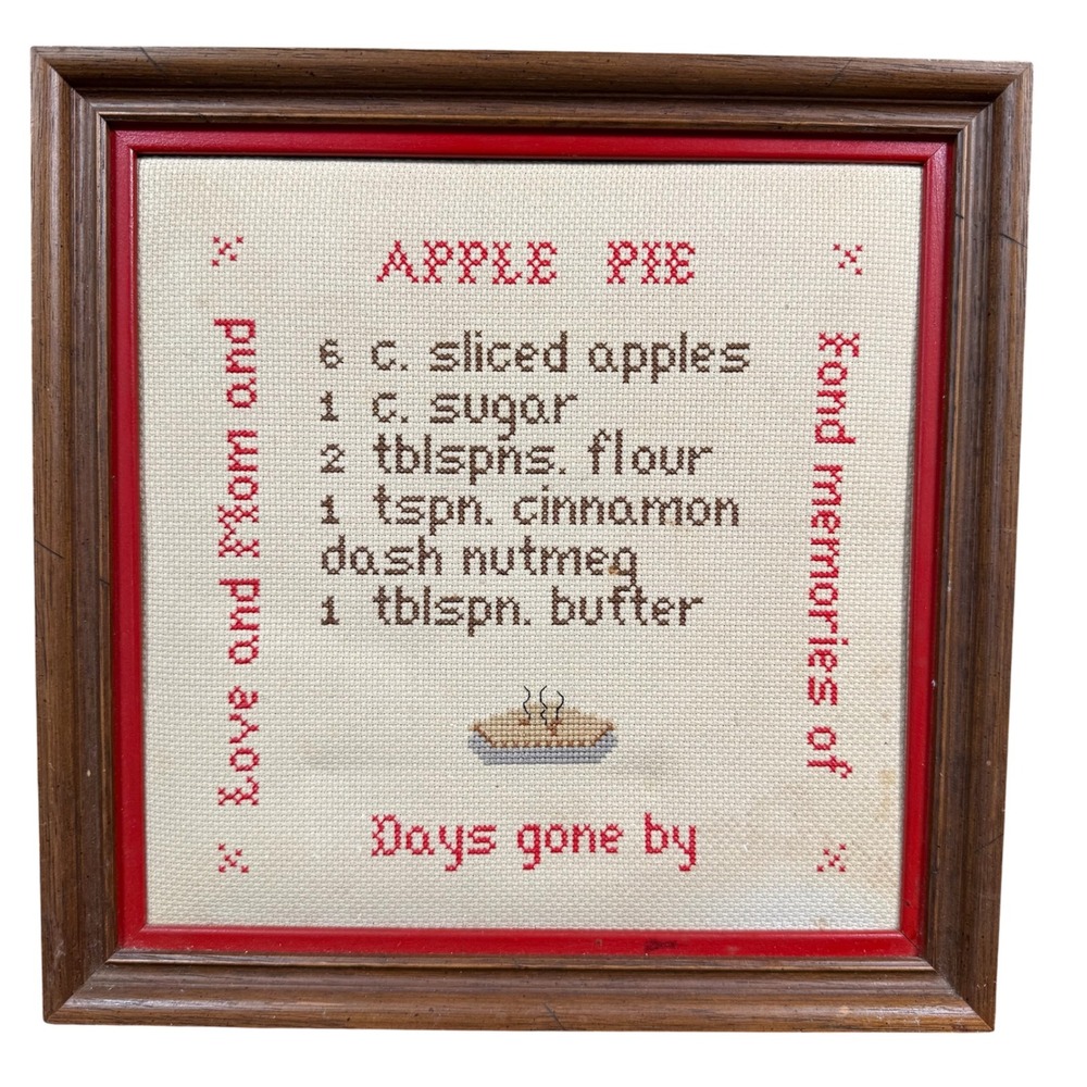 Apple Pie Recipe Cross Stitch Wall Decor Brown Red 12x12 Vintage Art Grandmacore